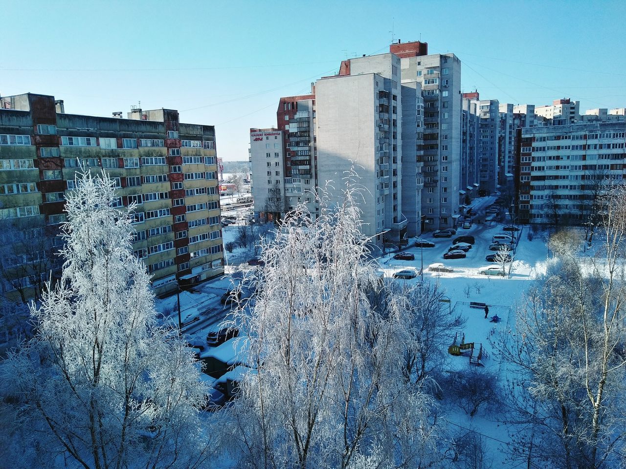 building exterior, architecture, built structure, city, no people, outdoors, cityscape, winter, skyscraper, day, cold temperature, blue, snow, clear sky, residential building, sky, tree, modern, nature