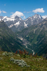 Scenic view of snowcapped mountains against sky