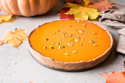 High angle view of pumpkin on table