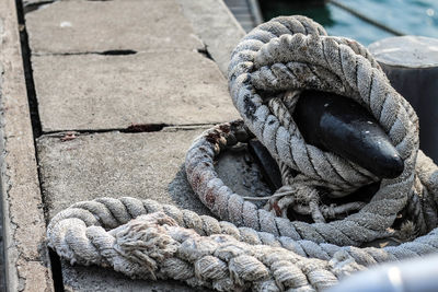 Close-up of rope tied to harbor