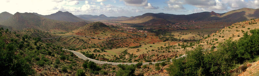 Panoramic view of landscape and mountains against sky