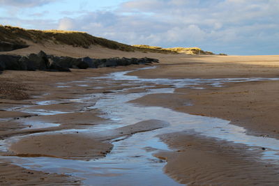 Breathtaking view of landscape of sandy beach by sand banks background in norfolk east anglia uk