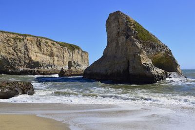 Rock formations on beach against clear sky