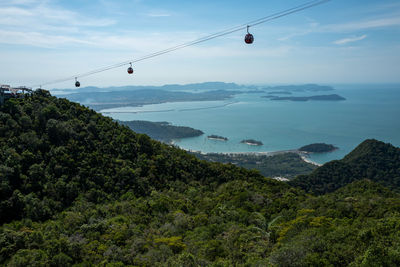 Scenic view of overhead cable car against sky