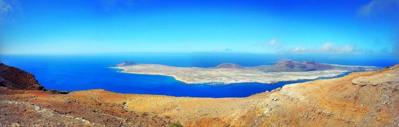 Scenic view of sea and mountains against blue sky