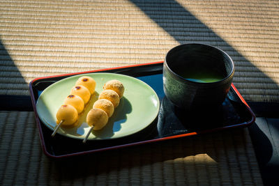 High angle view of dessert in plate on table