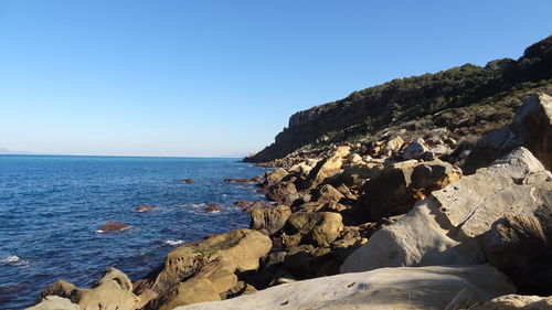 Scenic view of sea against clear blue sky