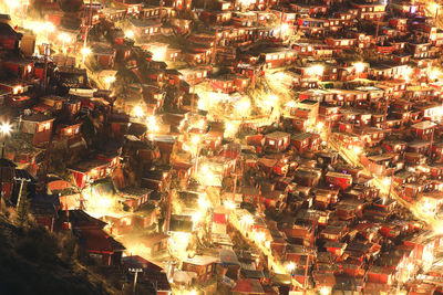 High angle view of illuminated cityscape
