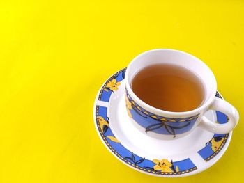Directly above shot of tea cup against yellow background