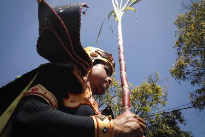 Low angle view of man in costume against clear sky