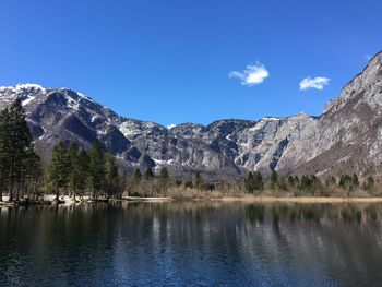 Scenic view of lake and mountains against sky