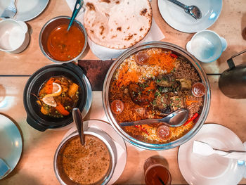 Directly above shot of food served on table