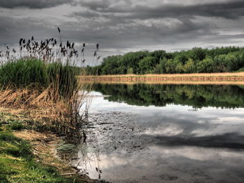 Scenic view of lake against cloudy sky