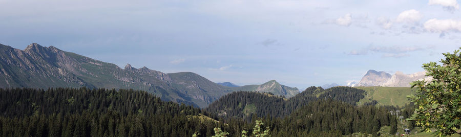 Panoramic view of trees and mountains against sky