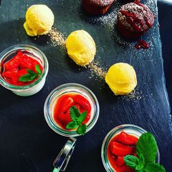 High angle view of dessert on slate