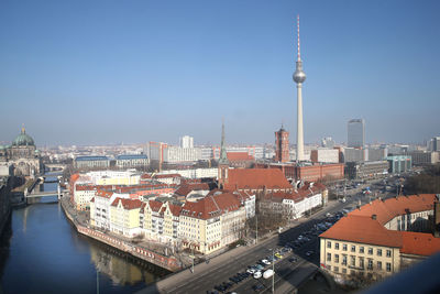 Communications tower in city