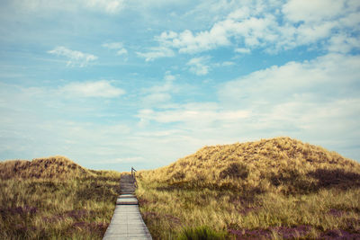 Walkway leading towards landscape against sky