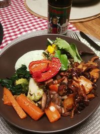 High angle view of food in plate on table