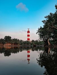 Lighthouse by lake and buildings against sky