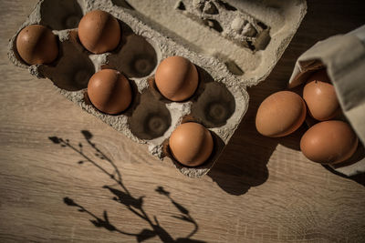 High angle view of eggs on table