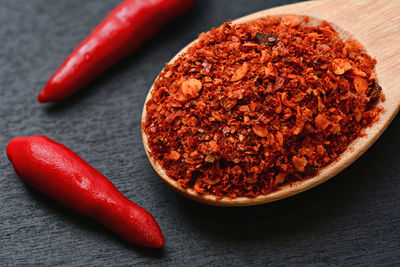 Close-up of red chili peppers in bowl on table