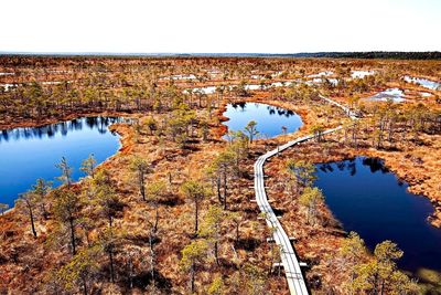 High angle view of lake against clear sky during autumn