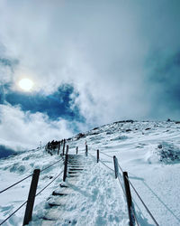 Low angle view of people climbing on steps over snow covered hill against sky