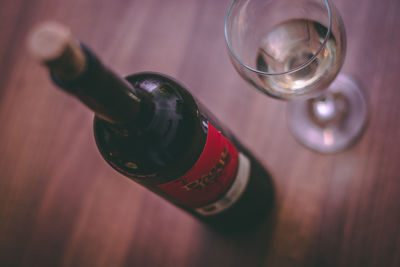 High angle view of wine bottles on table