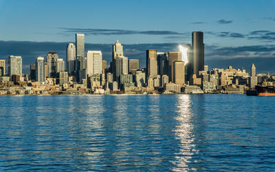 A view of skyscrapers in the seattle, washington skyline.