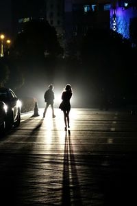 Silhouette people walking on illuminated street at night