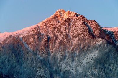 Scenic view of snowcapped mountain against clear sky during sunset