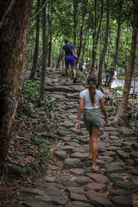 Rear view of woman walking in forest