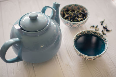 High angle view of tea served on table