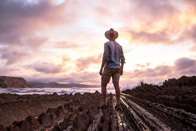 Rear view of man standing on land against sky during sunset
