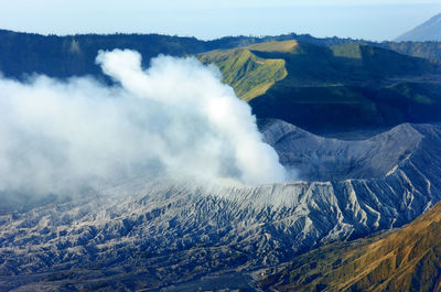 High angle view of steam emitting from mt bromo