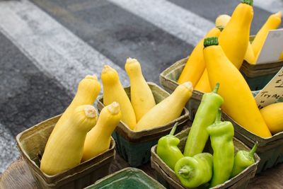 High angle view of yellow fruits in basket at market