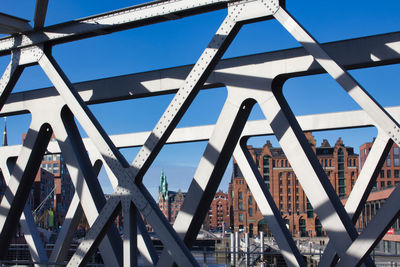 Low angle view of bridge against buildings