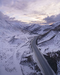 Drone shot of lindis pass in winter 