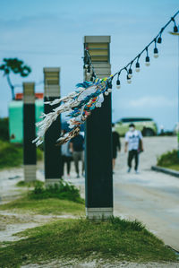 Close-up of decoration hanging on field against sky