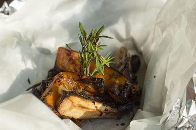 High angle view of food on barbecue grill