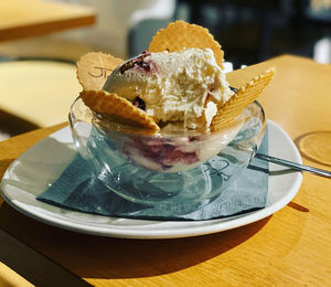 Close-up of ice cream in plate on table