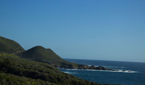 Scenic view of sea against clear blue sky