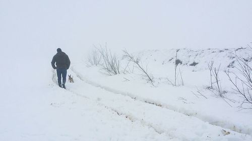 Rear view of person walking on snow