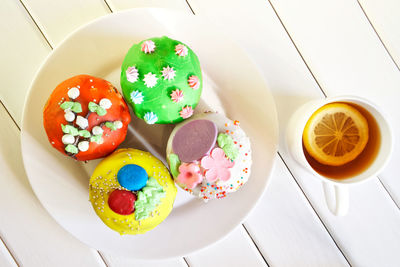 High angle view of dessert served on table