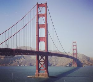 Suspension bridge over river in city