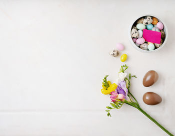 High angle view of multi colored flowers on table