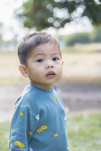 Portrait of cute baby boy standing outdoors