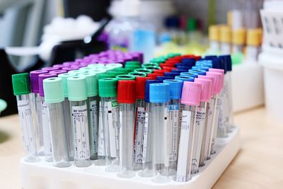 Close-up of test tubes on table