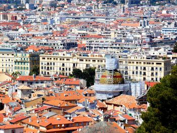 High angle view of buildings in city