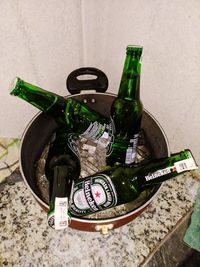 High angle view of wine bottles on table